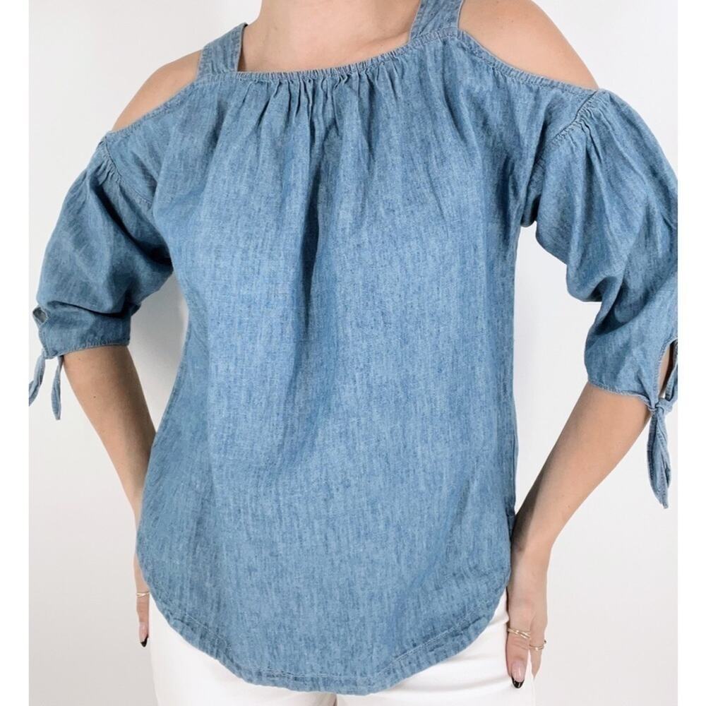 Madewell Indigo Denim Cold-Shoulder Quarter Sleeve Top Size XS